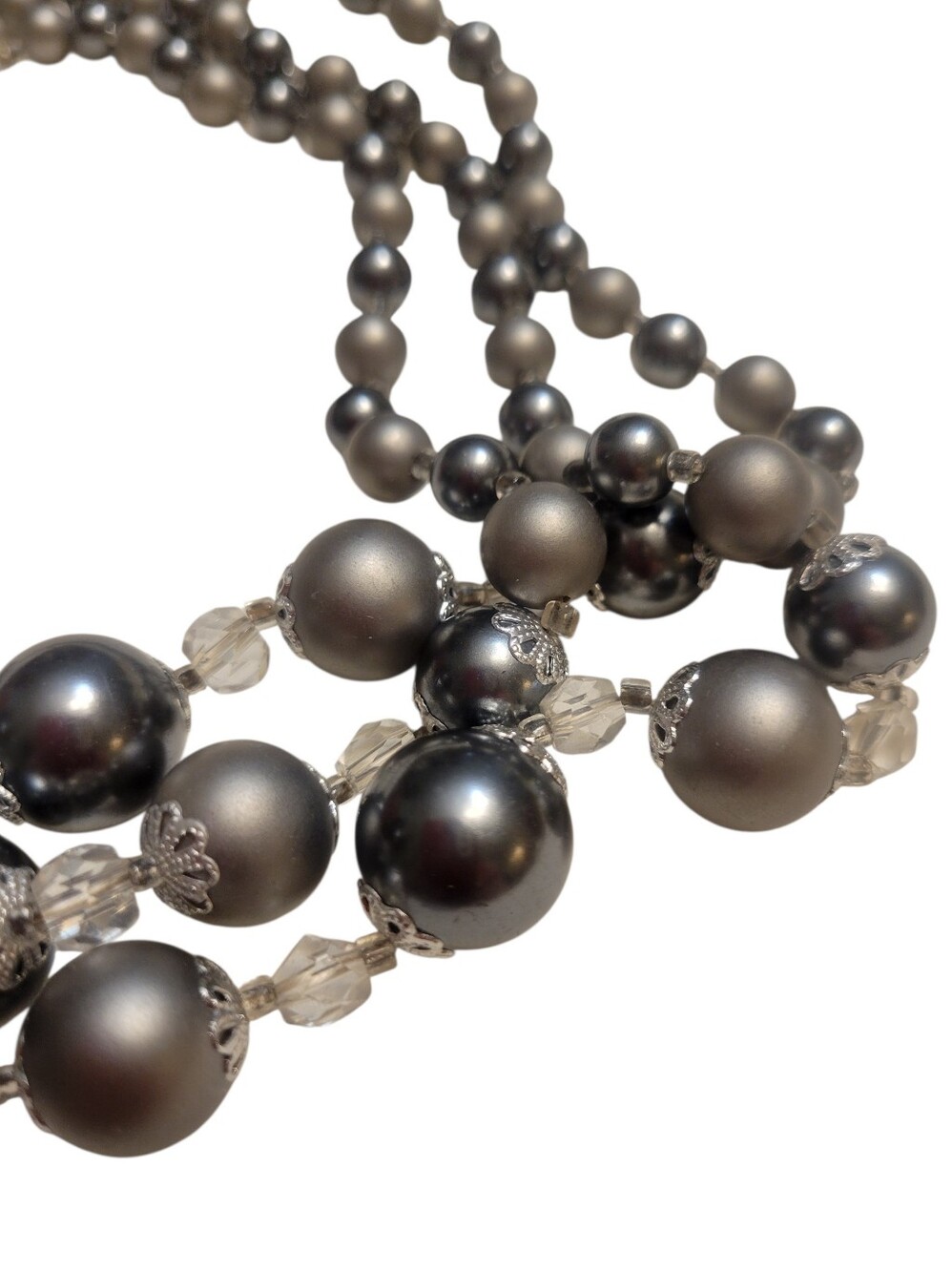Vintage Three-Strand Grey Faux Pearl Necklace Marked Japan - Picture 5 of 7